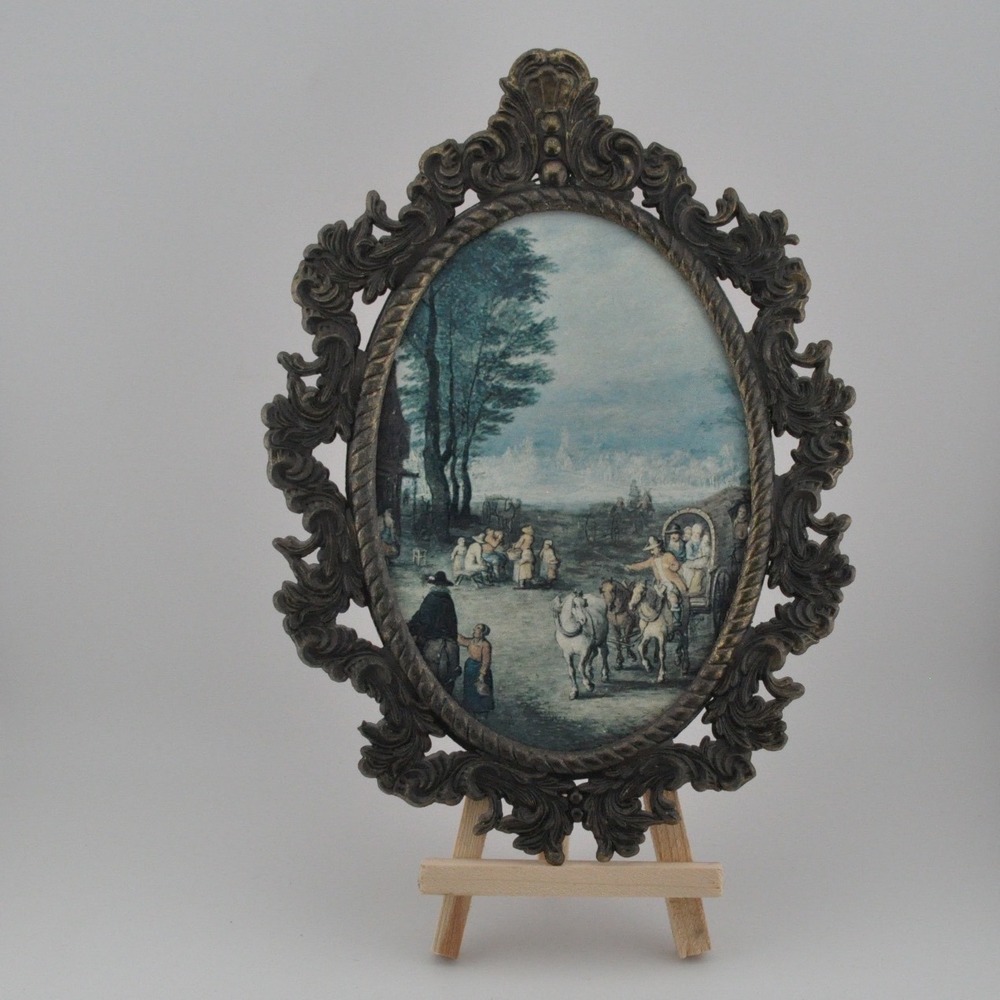 Vintage Italian Framed Print Small Gold-tone Rococo Ornate Village‎ Scene